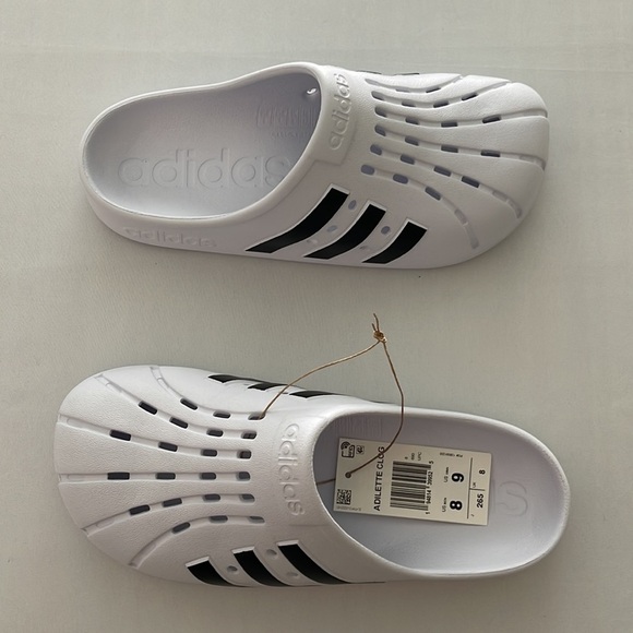 (NWT) Adidas Adilette Unisex Clogs in White & Black, (9 Women’s) (8 Men’s) - Picture 4 of 17